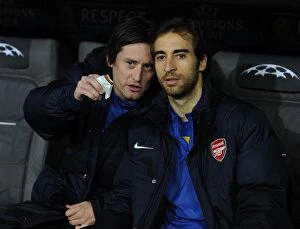 Images Dated 11th March 2014: Arsenal Substitutes Rosicky and Flamini Before Bayern Munich Clash in Champions League