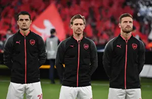 Arsenal V Atletico Madrid 2017-18 Prints: Arsenal Trio: Mustafi, Xhaka, Monreal - UEFA Europa League Semi-Final Showdown vs Atletico Madrid