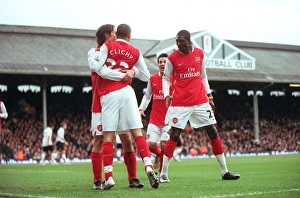 Arsenal Triumph: Adebayor, Rosicky, and Clichy Celebrate First Goal vs. Fulham (0:3), 2007 Barclays Premier League