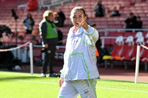 Images Dated 15th October 2023: Arsenal v Aston Villa: Katie McCabe Gestures During Pitch Inspection at Emiras Stadium