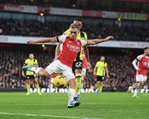 Arsenal v Burnley 2023-24 Collection: Arsenal vs Burnley: Tight Battle at Emirates Stadium - Leandro Trossard Under Pressure