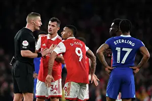Arsenal V Chelsea 2022-23 Prints: Arsenal vs. Chelsea: Xhaka and Jesus Confront Referee Jones in Intense Premier League Clash