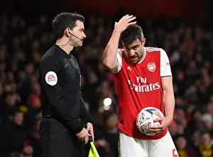 Arsenal vs Leeds United: Sokratis Discusses with the Linesman during FA Cup Clash at Emirates Stadium