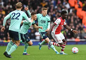 Arsenal V Leicester City 2021-22 Prints: Arsenal vs Leicester City: Bukayo Saka Faces Off Against Harvey Barnes and Luke Thomas