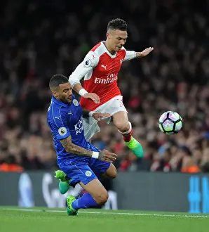 Arsenal V Leicester City 2016-17 Prints: Arsenal vs. Leicester City: Intense Battle Between Kieran Gibbs and Danny Simpson (Premier League)