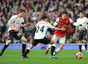 Arsenal V Liverpool - FA Cup 2013-14 Prints: Arsenal vs. Liverpool: Ozil Clashes with Allen and Flanagan in FA Cup Showdown