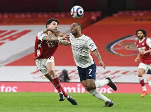 Arsenal V Manchester City 2020-21 Prints: Arsenal vs Manchester City: Hector Bellerin Challenges Raheem Sterling in Empty Emirates Stadium