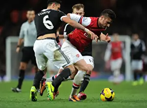 Arsenal V Southampton 2013-14 Prints: Arsenal vs Southampton: Olivier Giroud vs Jose Fonte Clash in Premier League