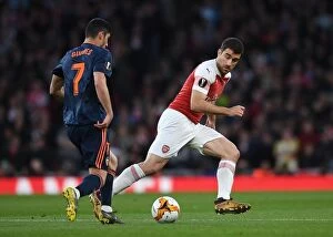 Images Dated 2nd May 2019: Arsenal vs Valencia: Sokratis Closes In on Goncalo Guedes in Europa League Semi-Final Showdown
