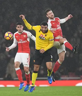 Arsenal V Watford 2016-17 Prints: Arsenal vs. Watford: Gabriel and Mustafi Clash in Intense Premier League Match