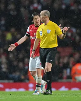 Arsenal V Wigan Athletic 2012-13 Prints: Arsenal vs Wigan Athletic: Rosicky and Referee Dean Clash in 2012-13 Premier League Match