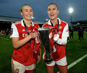 Arsenal Women V Chelsea Women - Conti Cup Final 2023 Prints: Arsenal Women Celebrate Conti Cup Victory: Steph Catley and Caitlin Foord Hold the Trophy (2023)