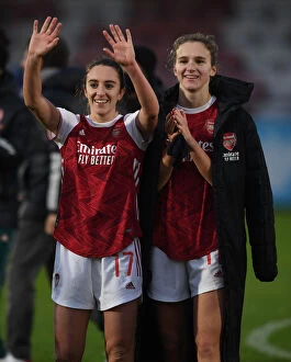 Images Dated 6th December 2020: Arsenal Women Celebrate FA WSL Victory with Fans: Miedema and Evans
