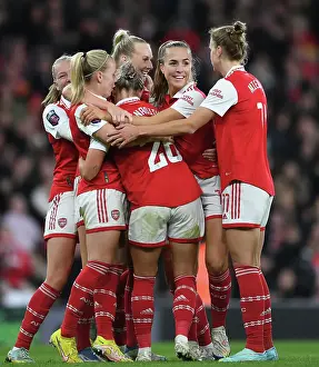Arsenal Women Celebrate Laura Wienroither's Goal Against Manchester United in FA WSL (2022-23)