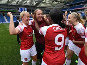 Brighton And Hove Albion Women V Arsenal Women 2018-19 Prints: Arsenal Women Celebrate League Victory: Beth Mead, Danielle Carter, Leah Williamson