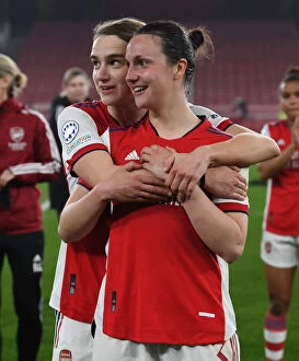 Arsenal Women v VfL Wolfsburg 2021-22 Collection: Arsenal Women Celebrate Quarter-Final Victory: Miedema and Wubben-Moy Embrace in Champions League