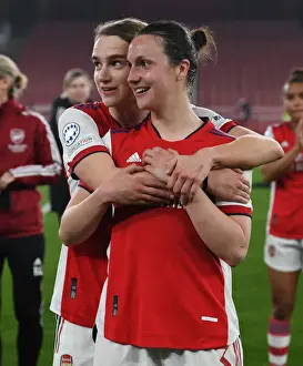 Arsenal Women V VfL Wolfsburg 2021-22 Prints: Arsenal Women Celebrate Quarter-Final Victory: Miedema and Wubben-Moy Embrace in Champions League Triumph