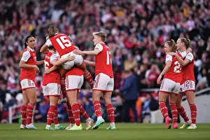Arsenal Women Celebrate Second Goal Against VfL Wolfsburg in UEFA Champions League Semifinal