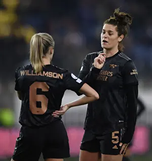 FC Zurich Frauen V Arsenal Women 2022-23 Prints: Arsenal Women in Deep Conversation During UEFA Champions League Match Against FC Zürich