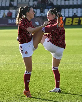 Arsenal Women Prepare for Birmingham City Women Showdown in FA WSL: Katie McCabe and Caitlin Foord Warm Up