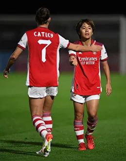 Arsenal Women V Slavia Prague 2021-22 Prints: Arsenal Women vs Slavia Prague: Steph Catley and Mana Iwabuchi Celebrate in UEFA Women's Champions League Match