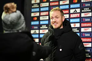Arsenal Women V West Ham United Women 2023-24 Prints: Arsenal Women's Boss Jonas Eidevall Celebrates Victory Over West Ham United in Post-Match Press Conference