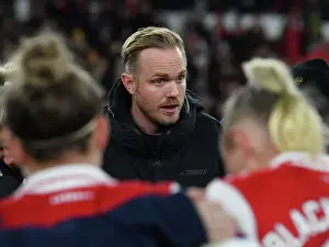 Arsenal Women V Manchester United Women 2022-23 Prints: Arsenal Women's Coach Jonas Eidevall Gives Post-Match Instructions to Players