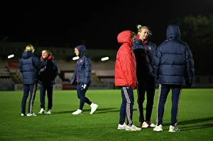 Arsenal Women's Team: Amanda Ilestedt Interacts with Teammates during Pitch Inspection before Arsenal v Bristol City (Conti Cup 2023-24)