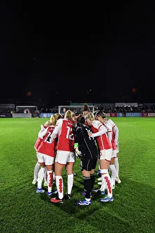 Arsenal Women's Team Huddle Before FA WSL Cup Match Against Bristol City