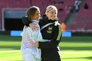 Arsenal Women's Team: Lia Waelti and Leah Williamson Embrace Ahead of Arsenal v Aston Villa (2023-24)