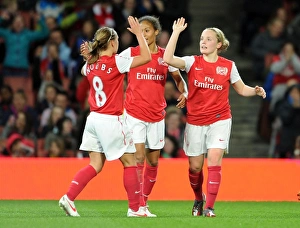 Arsenal Women's Triumph: Kim Little, Rachel Yankey, and Jordan Nobbs Celebrate Goals Against Chelsea