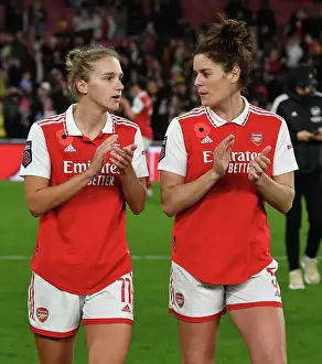 Arsenal Women V Manchester United Women 2022-23 Prints: Arsenal Women's Triumph: Miedema and Beattie Celebrate Victory over Manchester United at Emirates Stadium