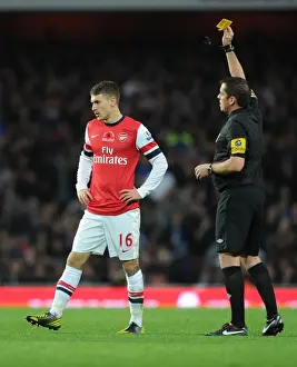 Arsenal V Fulham 2012-13 Prints: Arsenal's Aaron Ramsey Booked by Referee during Arsenal v Fulham Match