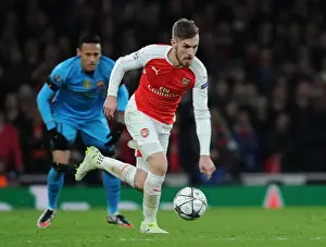 Arsenal V Barcelona 2015/16 Prints: Arsenal's Aaron Ramsey Faces Off Against FC Barcelona in the 2015/16 UEFA Champions League