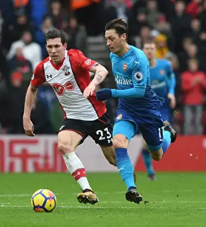 Southampton V Arsenal 2017-18 Prints: Arsenal's Aaron Ramsey Faces Off Against Southampton's Pierre-Emile Hojbjerg in Premier League Clash