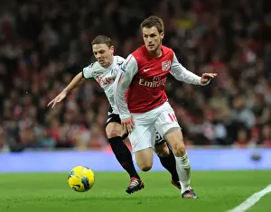 Arsenal V Fulham 2011-12 Prints: Arsenal's Aaron Ramsey Outmaneuvers Fulham's Chris Baird