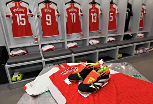 Arsenal Women V Everton Women 2023-24 Prints: Arsenal's Alessia Russo Unveils New Adidas Boots in Arsenal Changing Room Ahead of Arsenal vs Everton