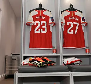 Arsenal Women V Everton Women 2023-24 Prints: Arsenal's Alessia Russo Unveils New Adidas Boots in Meadow Park Changing Room Ahead of Arsenal Women vs Everton