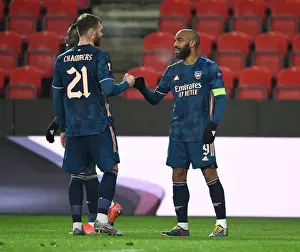 Arsenal's Alex Lacazette and Calum Chambers Celebrate Goals in Empty Eden Arena: Slavia Prague vs. Arsenal, UEFA Europa League Quarterfinals (April 15, 2021)