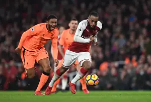 Arsenal V Liverpool 2017-18 Prints: Arsenal's Alexandre Lacazette Clashes with Liverpool's Joe Gomez in Premier League Showdown