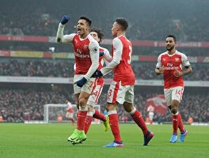 Images Dated 11th February 2017: Arsenal's Alexis Sanchez Scores, Celebrates with Kieran Gibbs vs Hull City (2016-17)