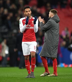 Images Dated 25th February 2018: Arsenal's Aubameyang Celebrates Carabao Cup Final Victory over Manchester City