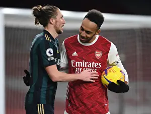 Arsenal V Leeds United 2020-21 Prints: Arsenal's Aubameyang Celebrates with Luke Ayling after Arsenal vs Leeds United