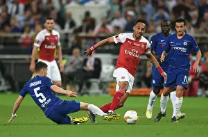 Arsenal V Chelsea Europa League Cup Final 2019 Prints: Arsenal's Aubameyang Clashes with Chelsea's Jorginho and Pedro in Europa League Final