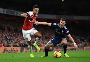 Arsenal V Fulham 2018-19 Prints: Arsenal's Aubameyang Clashes with Fulham's Bryan in Premier League Showdown