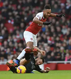 Arsenal V Burnley 2018-19 Prints: Arsenal's Aubameyang Faces Off Against Burnley's Bardsley in Premier League Clash