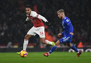 Arsenal V Cardiff City 2018-19 Prints: Arsenal's Aubameyang Faces Off Against Cardiff's Bennett in Premier League Clash