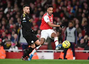 Arsenal V Manchester City 2019-20 Prints: Arsenal's Aubameyang Faces Off Against Manchester City's Otamendi in Premier League Showdown