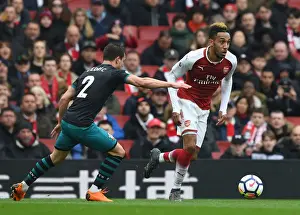 Arsenal V Southampton 2017-18 Prints: Arsenal's Aubameyang Faces Off Against Southampton's Cedric in Premier League Clash