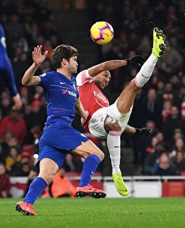 Images Dated 19th January 2019: Arsenal's Aubameyang Goes for Overhead Kick Against Chelsea in Premier League Clash